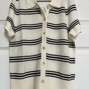 Madewell Cream and Black Stripe Polo Sweater Tee